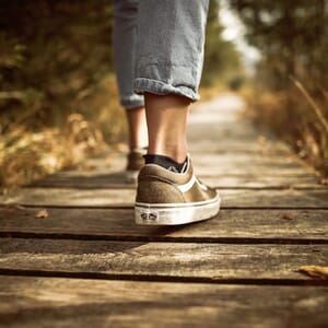 Person walking alone on wooden forest path